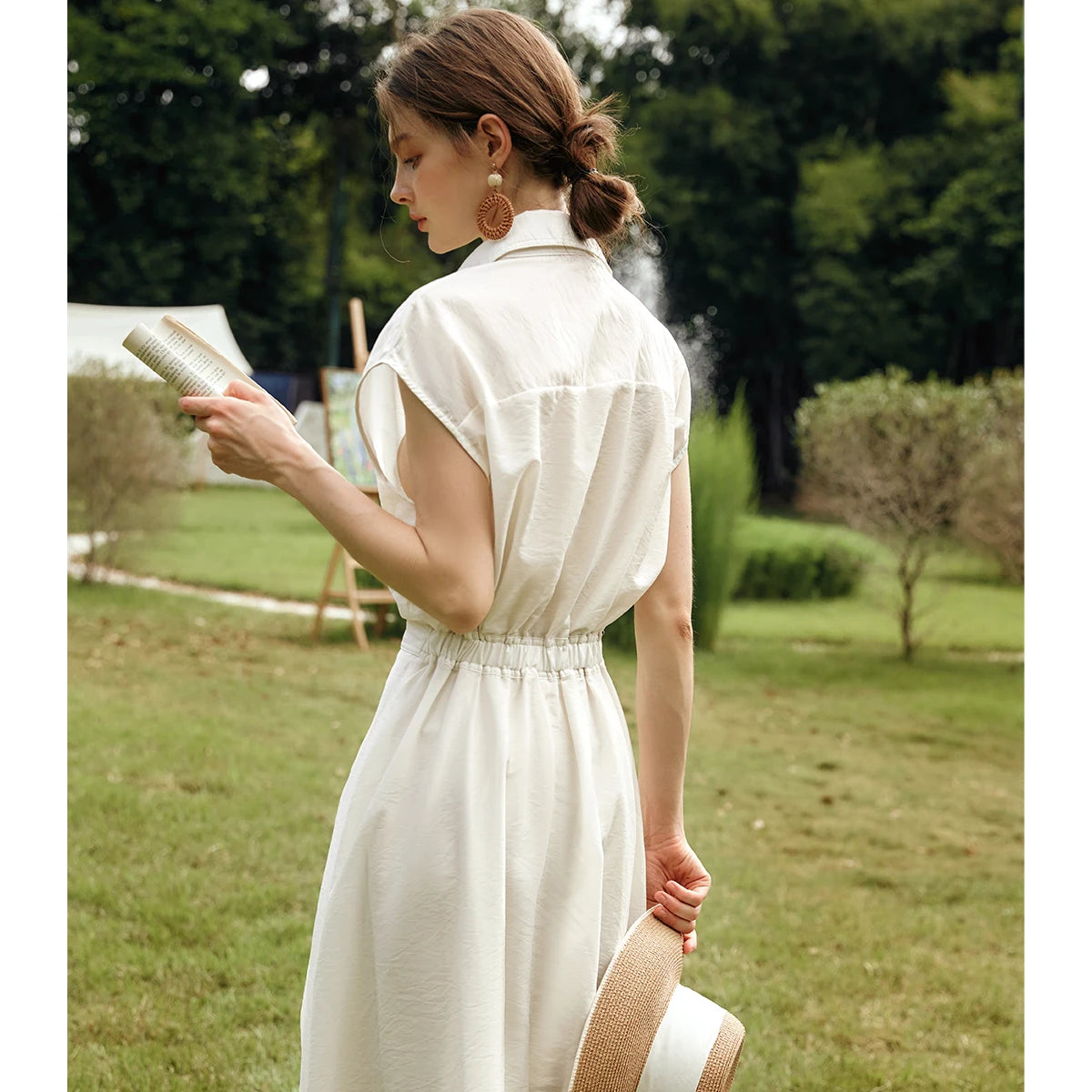 Womens Summer Lyocell Shirt Dress Elegant Vintage Short Sleeve Flared Midi Dress White Dress / S Womens Summer Lyocell Shirt Dress Elegant Vintage Short Sleeve Flared Midi Dress White Dress / S