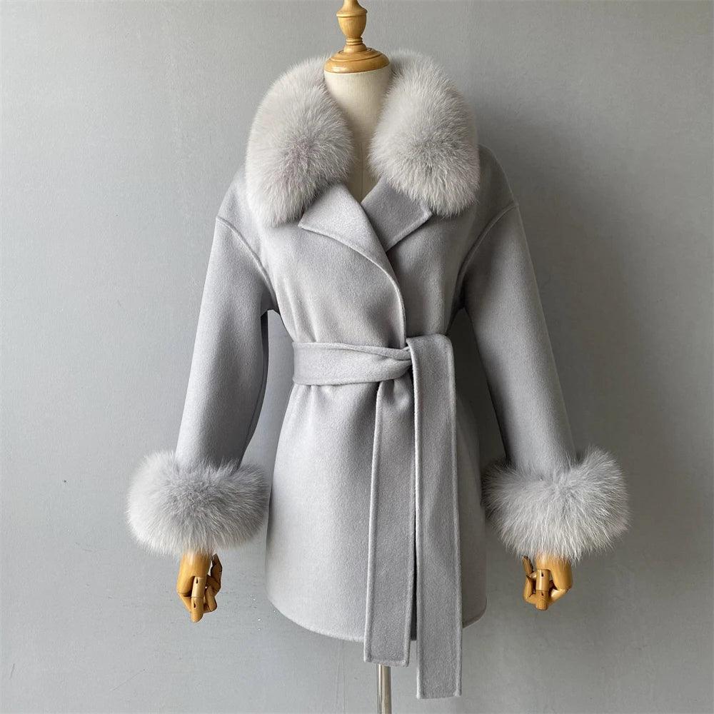 Women's Wool Coat with Real Fur - Elegant Medium-Length Cashmere Blend Coat for Autumn/Winter Fashion