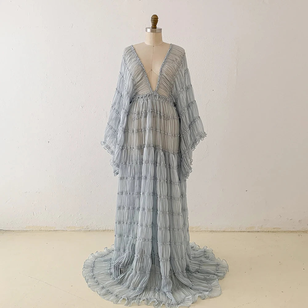 Bohemian V-Neck Long Sleeve Maternity Photography Dress â€“ Pleated Chiffon Pregnancy Photoshoot Gown