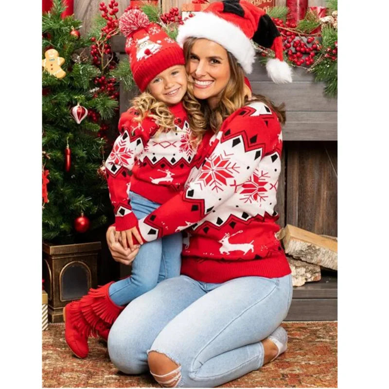 Mommy and Me Christmas Sweaters - Cute Cartoon Print Matching Outfits for Mom and Daughter | Warm, Soft Knitwear Pullover Top