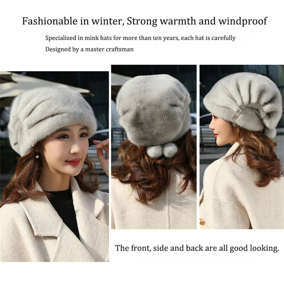 Whole Real Mink Fur Hat For Women's Caps Luxury Fashion Brand Real Fur Cap Christmas Hat Warm In Russian Winter Lady Fur Hat