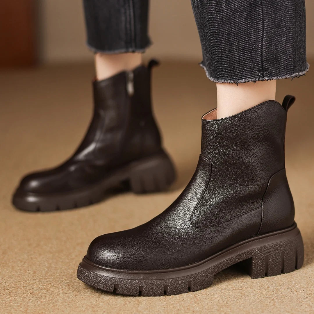 Women’s Genuine Sheepskin Ankle Boots with Side Zip – Round Toe, Soft Comfort, Thick Sole Casual Boots for Autumn