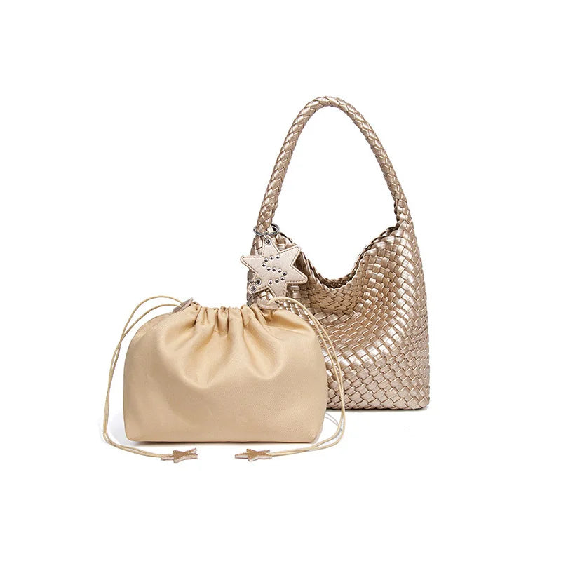 Women's Boston Bag 2025 Fall Winter New Woven Bowling Bag Unique Design Handheld Pack Trendy Light Luxury PU Leather Handbag