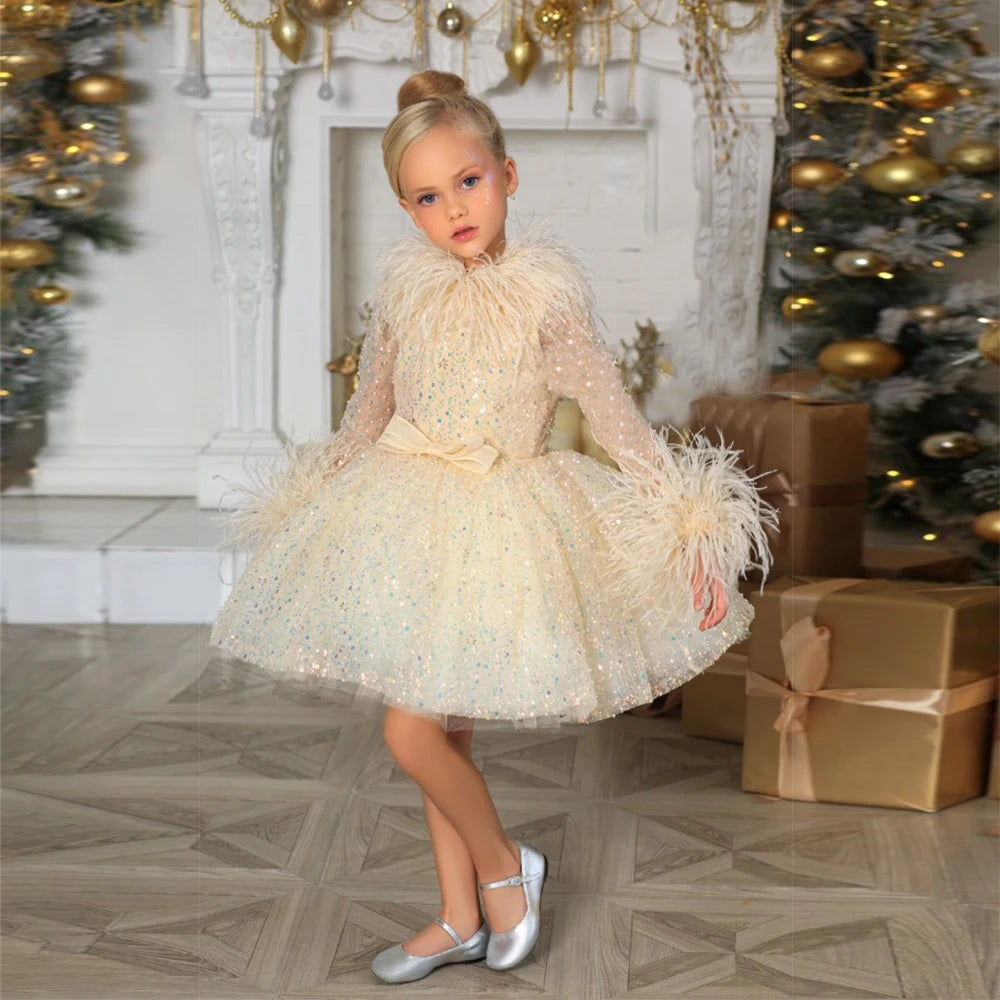 Sequined A-Line Flower Girl Dress with Full Sleeves, Fur Detailing, and Zipper Back - Festive Christmas Gown