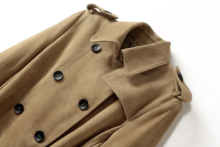 Natural Leather Women's Jacket Autumn Winter Khaki/Black Double Breasted Classic British Style Slim Sheepskin Long Trench Coat
