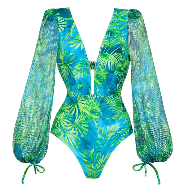 Jungle Green Deep V One-Piece Swimsuit with Skirt