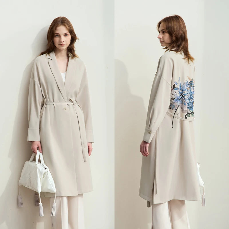 Minimalist Women's Loose Trench Coat 2024 Autumn Lapel Collar Drop Cuff Hydrangea Print with Belt High Slit Coat 12453028