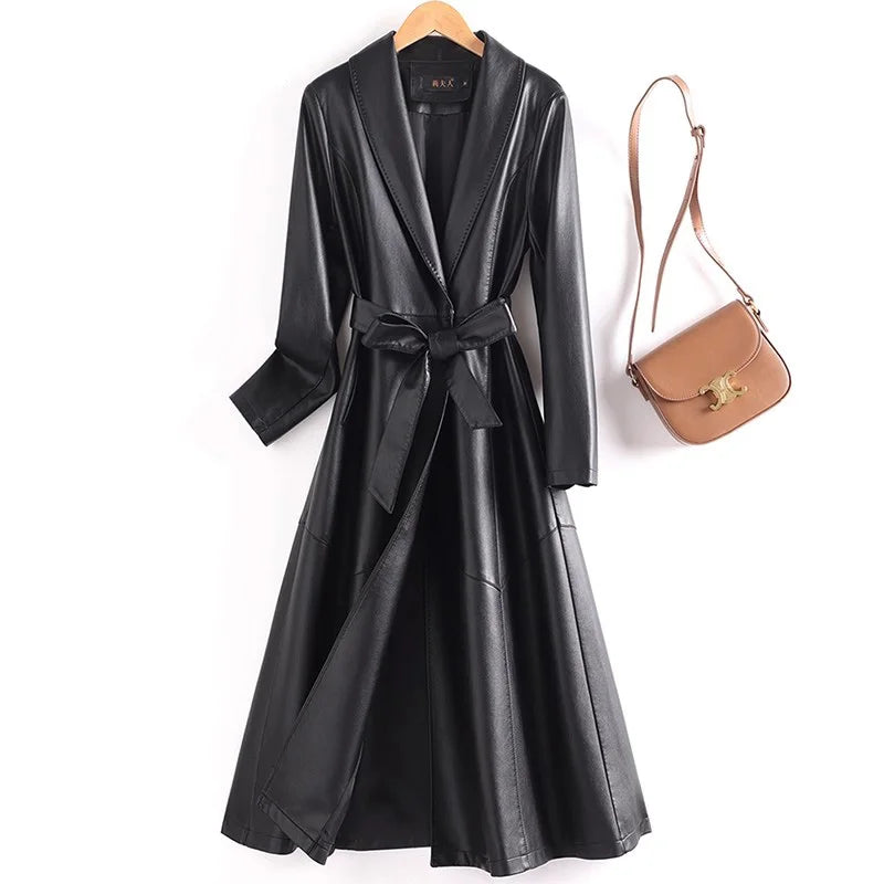 New Elegant Women’s Split Leather Trench Coat | Slim Waist Belted Long Coat with Suit Collar | Spring & Autumn Fashion Casual Outerwear