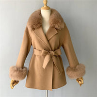 Women's Wool Coat with Real Fur - Elegant Medium-Length Cashmere Blend Coat for Autumn/Winter Fashion