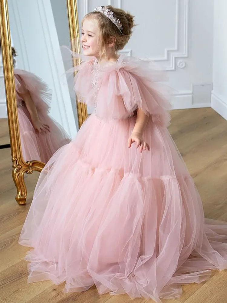 Light Pink Feather Flower Girl Dress - Tulle Puffy V-Back Princess Gown for Wedding, Birthday, First Communion