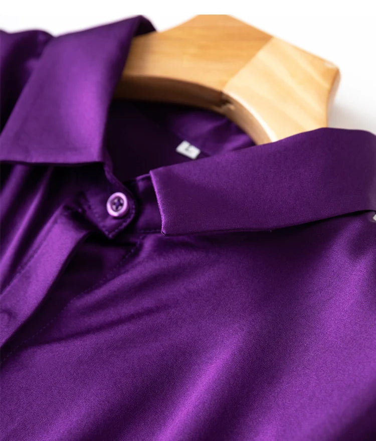 Women's 93% Mulberry Silk 7% Spandex 19 momme satin Silk Buttons down long sleeve shirt Top Blouse office work M L XL MM161