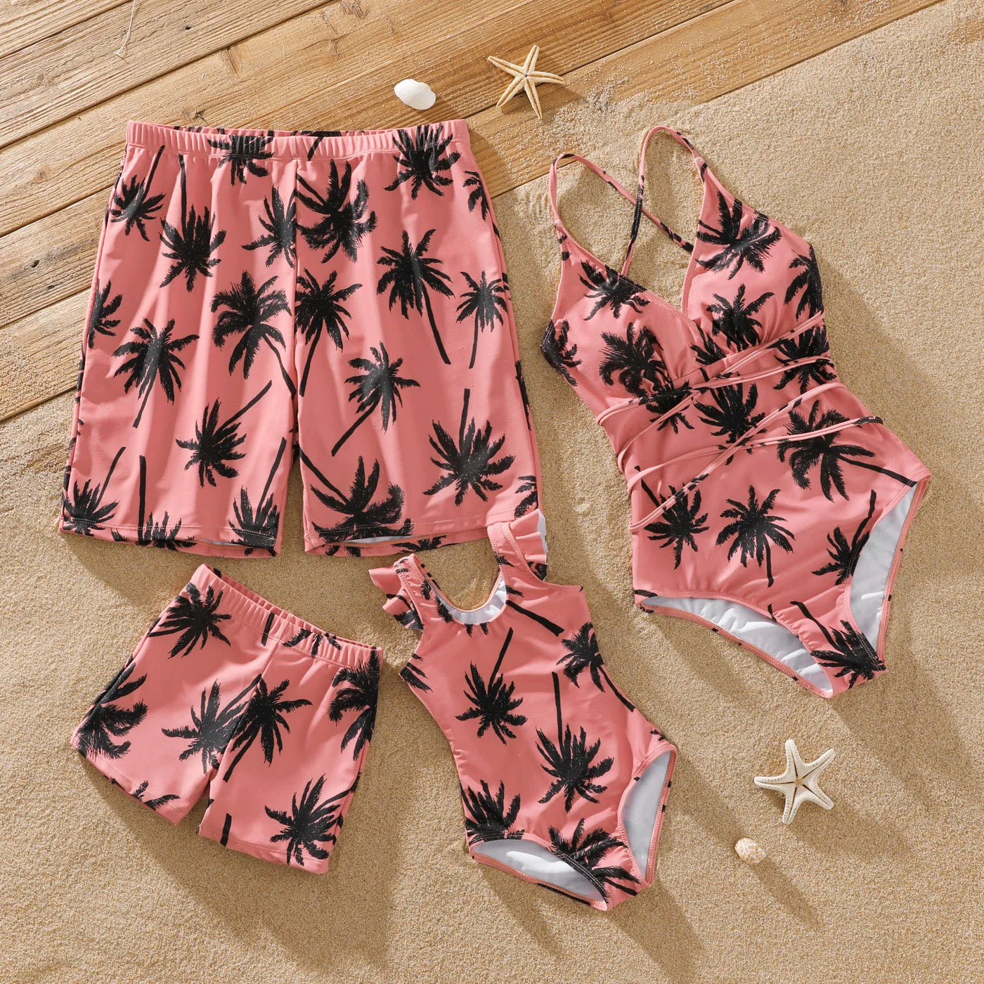 Family Matching Coconut Tree Print Swimwear – Pink Swim Trunks & Spaghetti Strap One-Piece Swimsuit - HER SHOP
