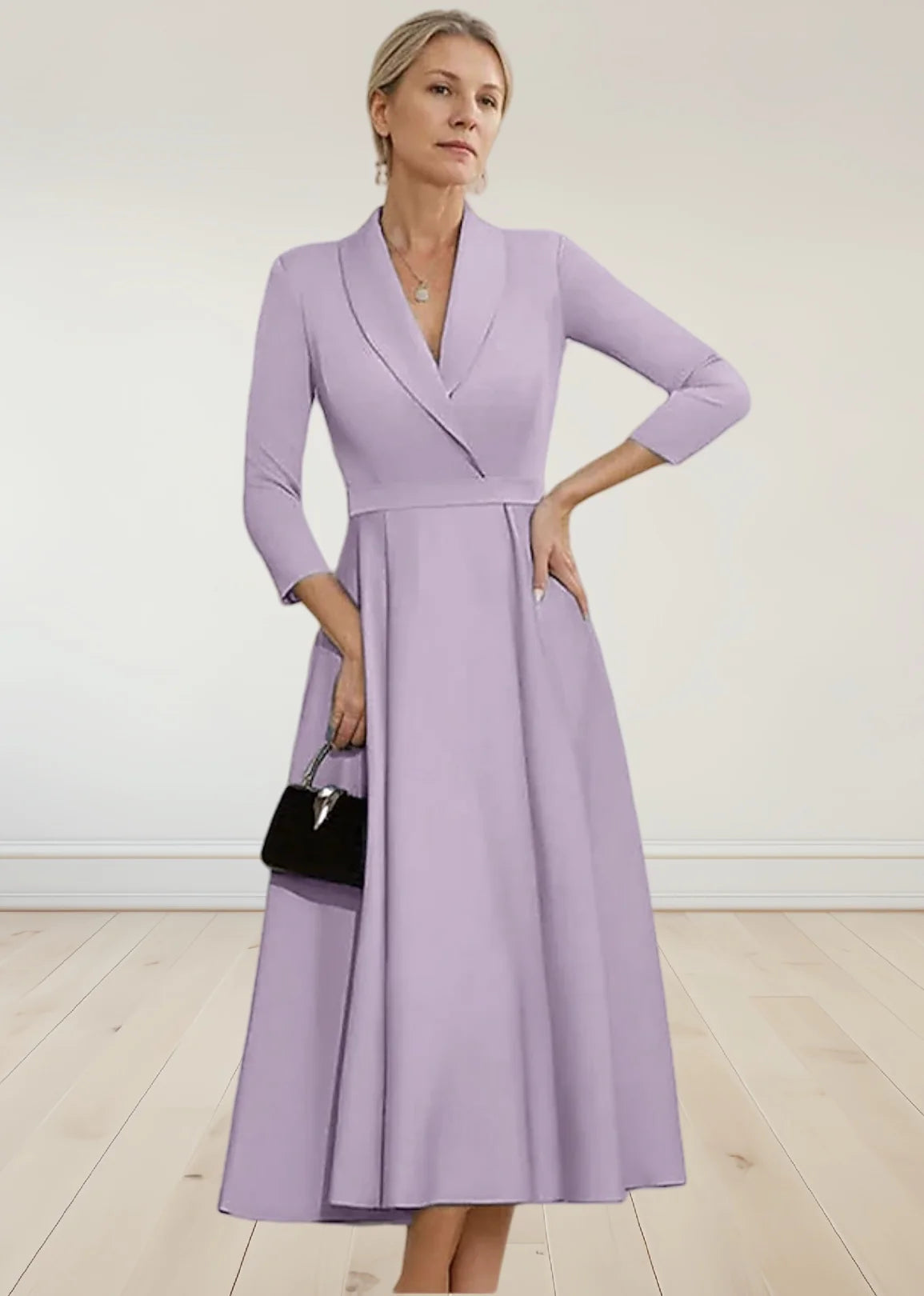 Elegant A-Line Satin Mother of the Bride Dress – Tea Length with 3/4 Sleeves Elegant A-Line Satin Mother of the Bride Dress – Tea Length with 3/4 Sleeves