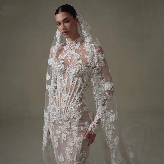 Elegant Vintage Lace Mermaid Wedding Dress with High Collar & Long Sleeves – Custom Backless Bridal Gown - HER SHOP