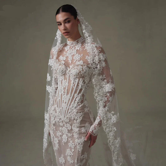 Elegant Vintage Lace Mermaid Wedding Dress with High Collar & Long Sleeves – Custom Backless Bridal Gown - HER SHOP