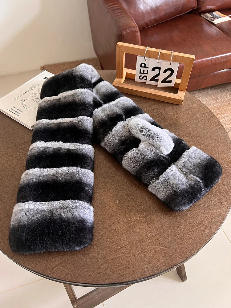 Real Natural Rex Rabbit Fur Neckerchief– Women's Luxury Winter Shawl & Double Fur Scarf, Chinchilla Style Warm Female Scarves