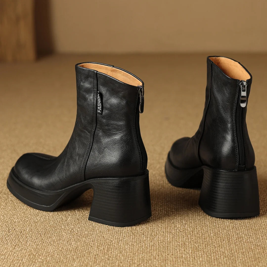 Women’s Genuine Cow Leather Chunky Heel Platform Ankle Boots – High-Quality, Soft, and Comfortable Punk-Style Short Boots with Back Zipper for Autumn