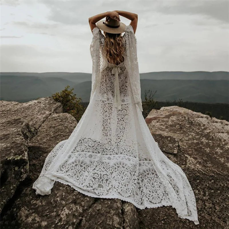 Maternity Lace V-Neck Long Dress â€“ Bohemian Batwing Sleeve Pregnancy Photoshoot Gown
