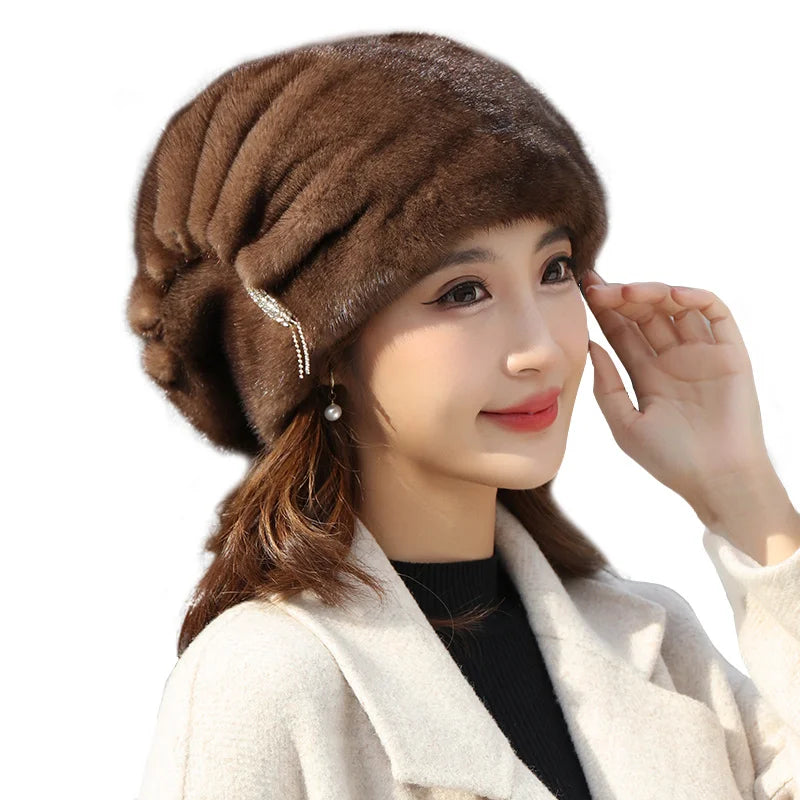 Whole Real Mink Fur Hat For Women's Caps Luxury Fashion Brand Real Fur Cap Christmas Hat Warm In Russian Winter Lady Fur Hat