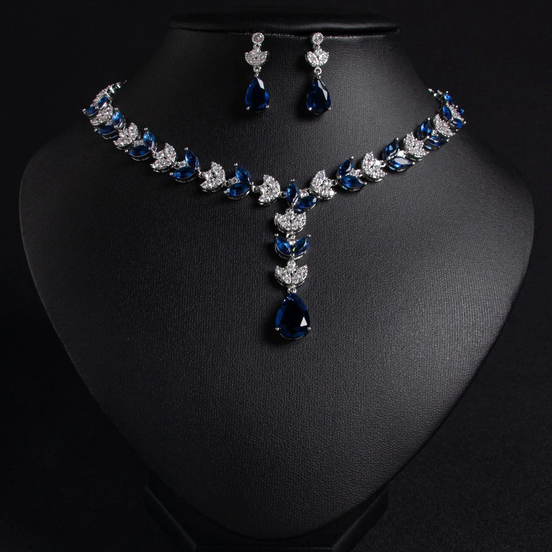 European & American Luxury Colorful Water Drop Zircon Necklace and Earrings Set Wheat-Inspired 2-Piece Bridal Jewelry for Wedding or Dinner Party Gift