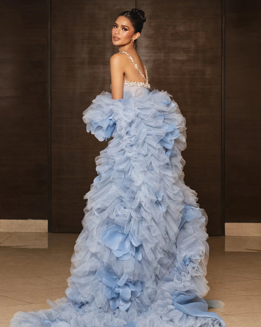 Luxury Fairy Blue Mermaid Evening Gown with Crystal Rose Cape – Strapless 2-Piece Formal Prom Dress - HER SHOP®