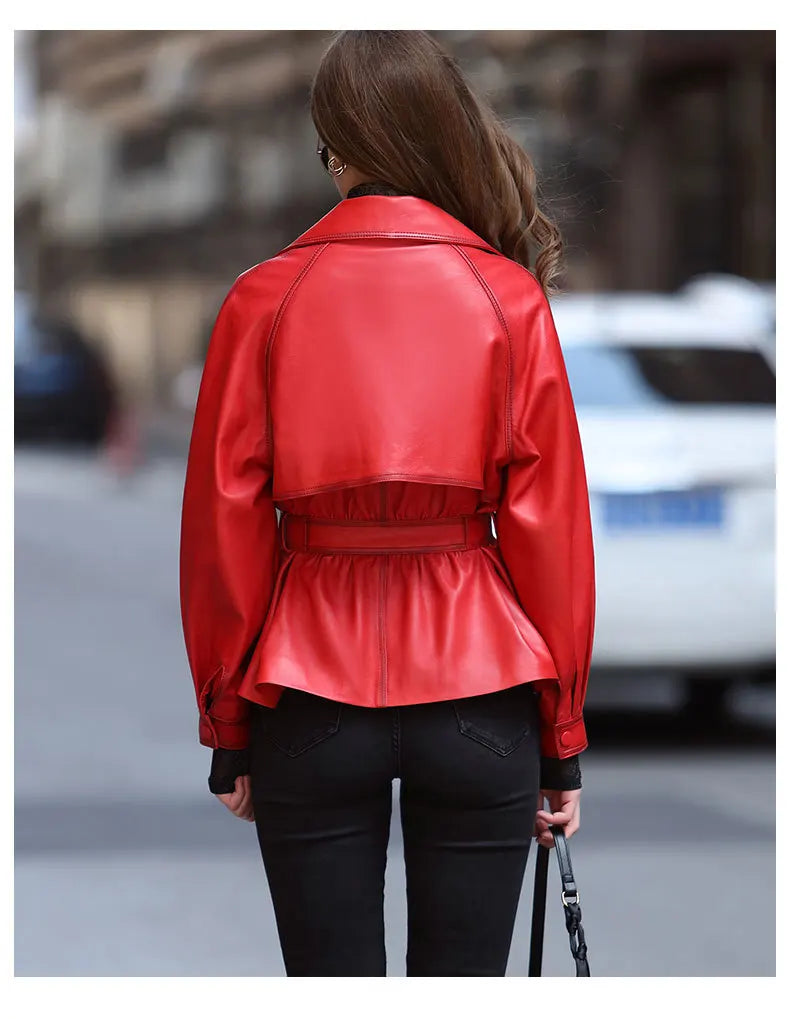 Vintage Brown Real Sheepskin Leather Jacket for Women – Lapel Collar Belted Design, First-Layer Leather, Casual Fashion Outerwear