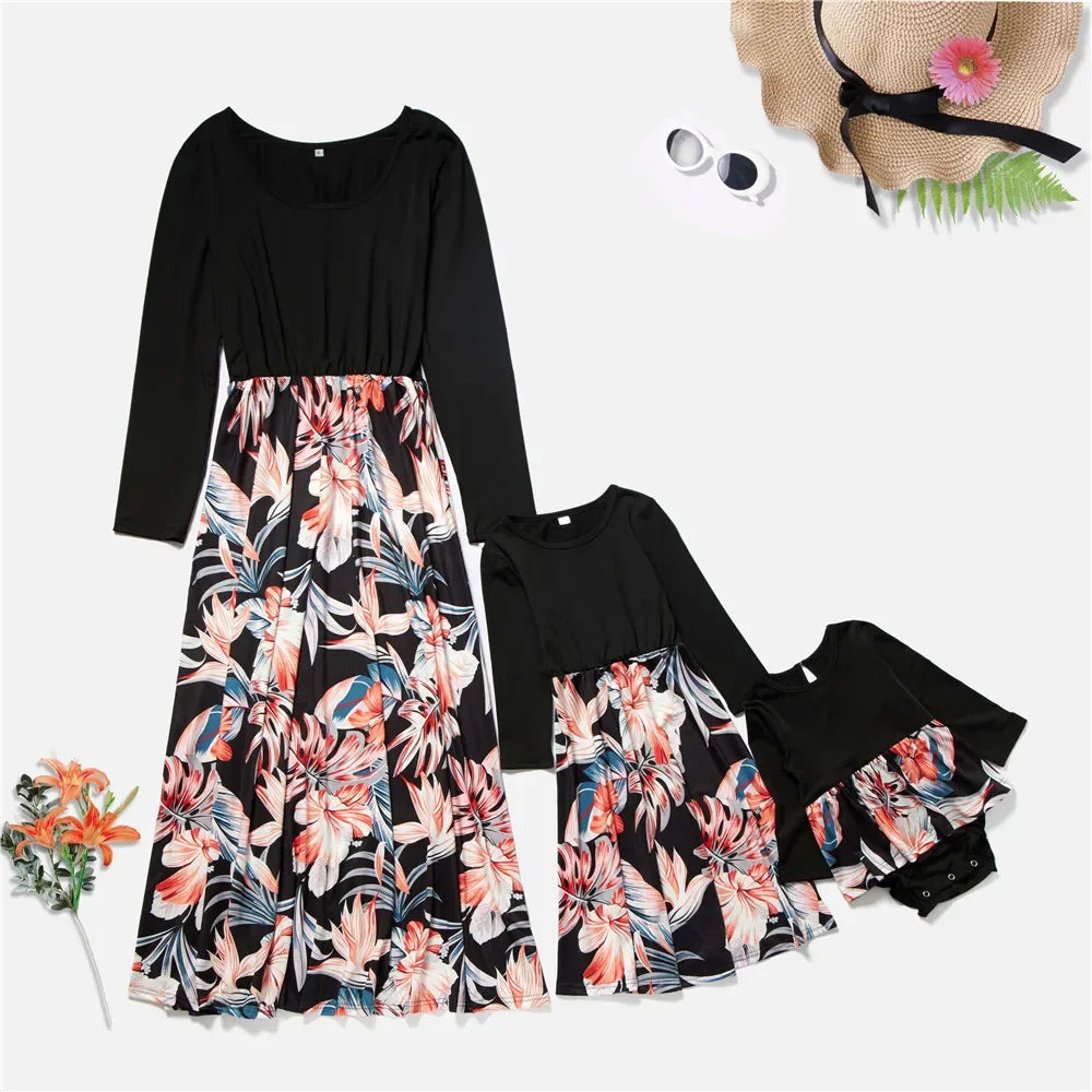 Fashion Mom and Daughter Dress Spring Summer Holiday Beach Dress Floral Patchwork Long Dress Baby Romper Mommy and Me Clothes