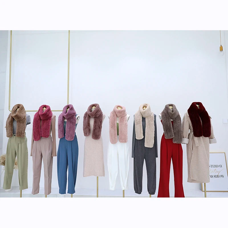 Women's Real Rex Rabbit Fur Knitted Winter Scarf– Luxury Wrap & Neck Warmer 170cm