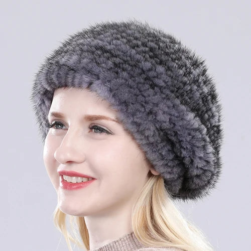 Hot Sale Winter Lady Natural Mink Fur Beanies Hat Knit Warm Striped Genuine Mink Fur Caps Women Good Elastic Real Mink Fur Hat