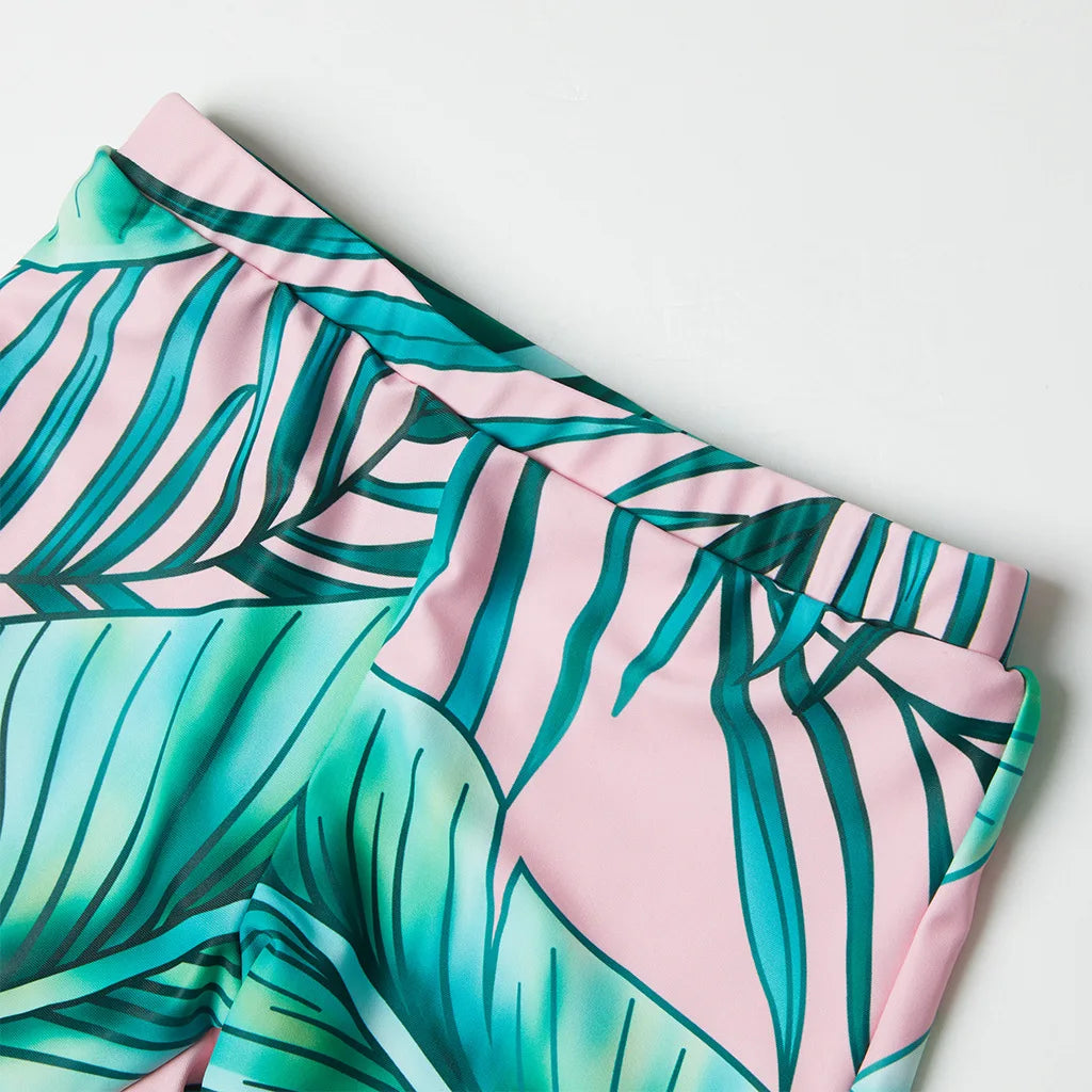 Fashion Family Swimsuit Set for Girls Boys Dad Mom Matching Clothing Outfits Mommy and Me Daughter Son Leaf Print Beach Swimming