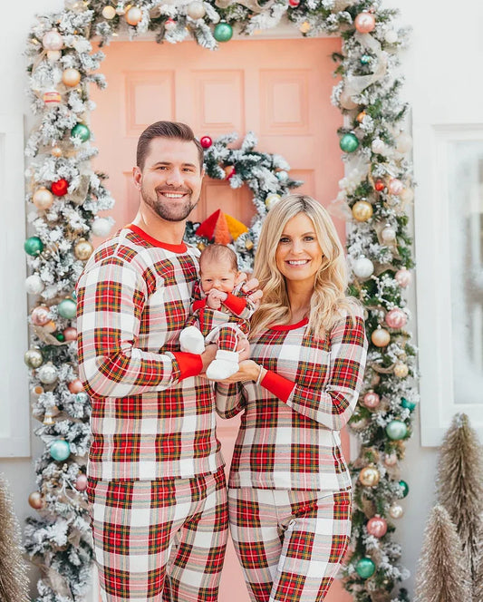 Family Christmas Matching Pajamas Set | Plaid Print Mom, Dad & Kids 2-Piece Sleepwear or Baby Romper - HER SHOP