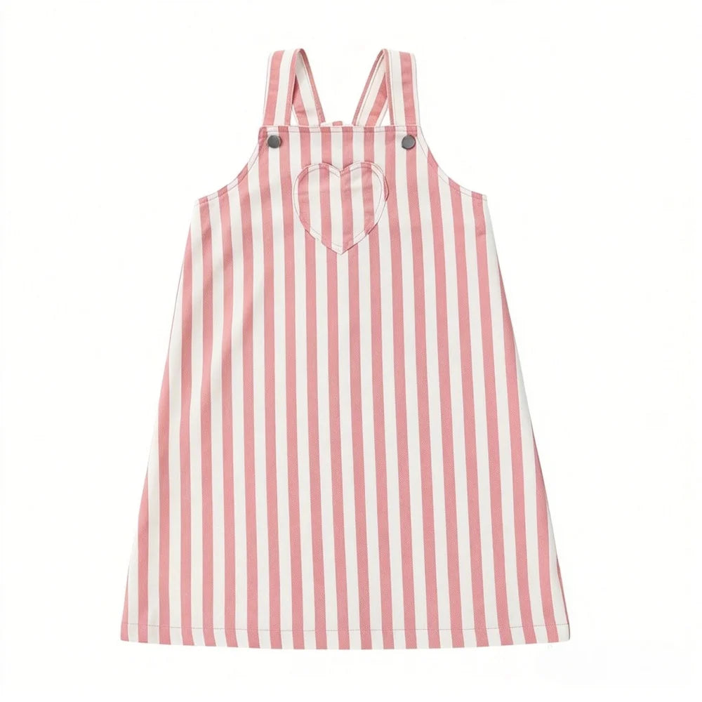 Red and white striped dress with black buttons on a white background