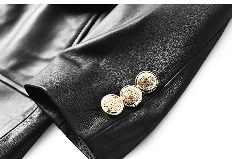 Women’s Genuine Sheepskin Leather Coat – Retro Belted Mid-Length Jacket with Gold Buckle, Suit Collar & Cargo Pockets