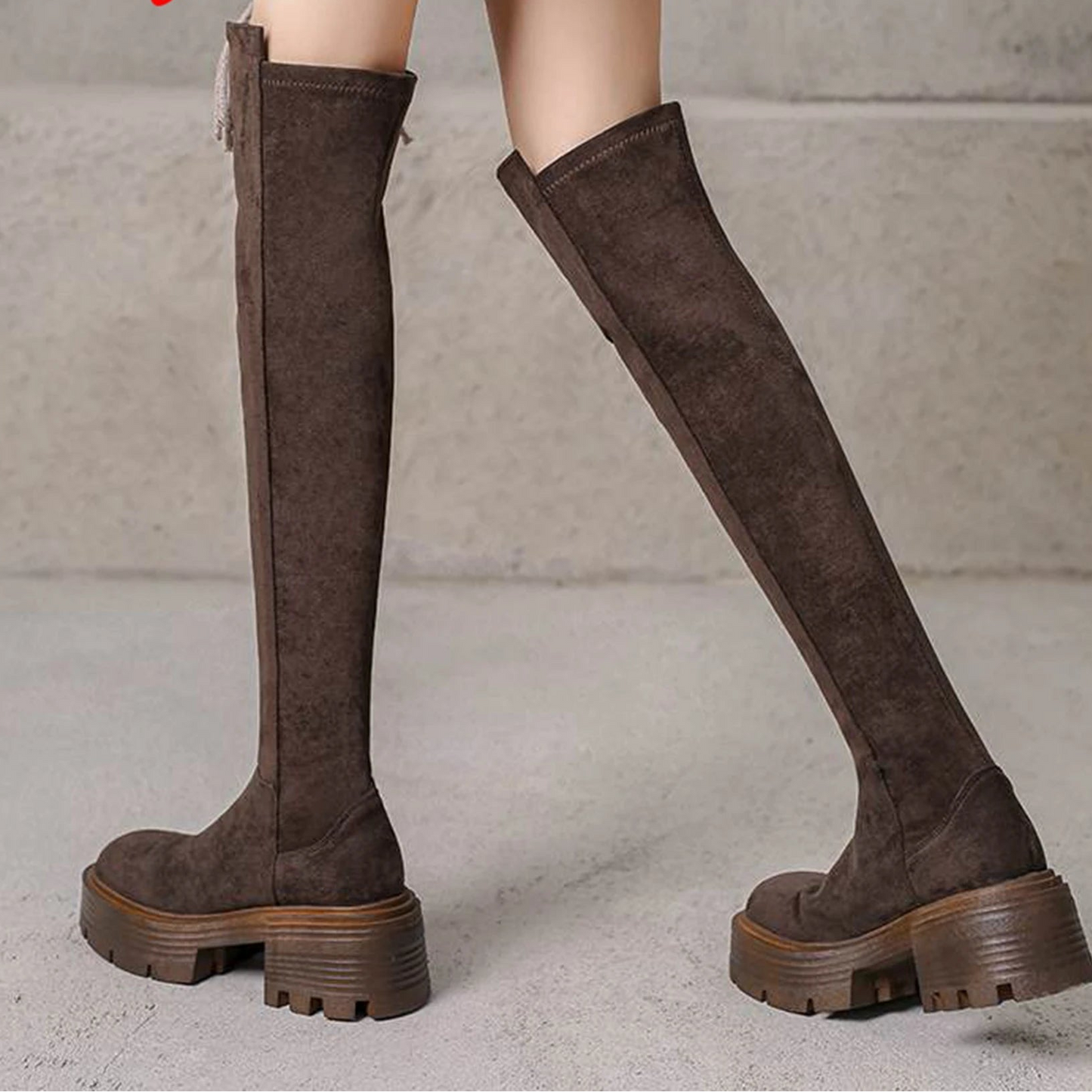 Brown suede knee-high boots on a neutral background with 'Kazing Pot' branding.