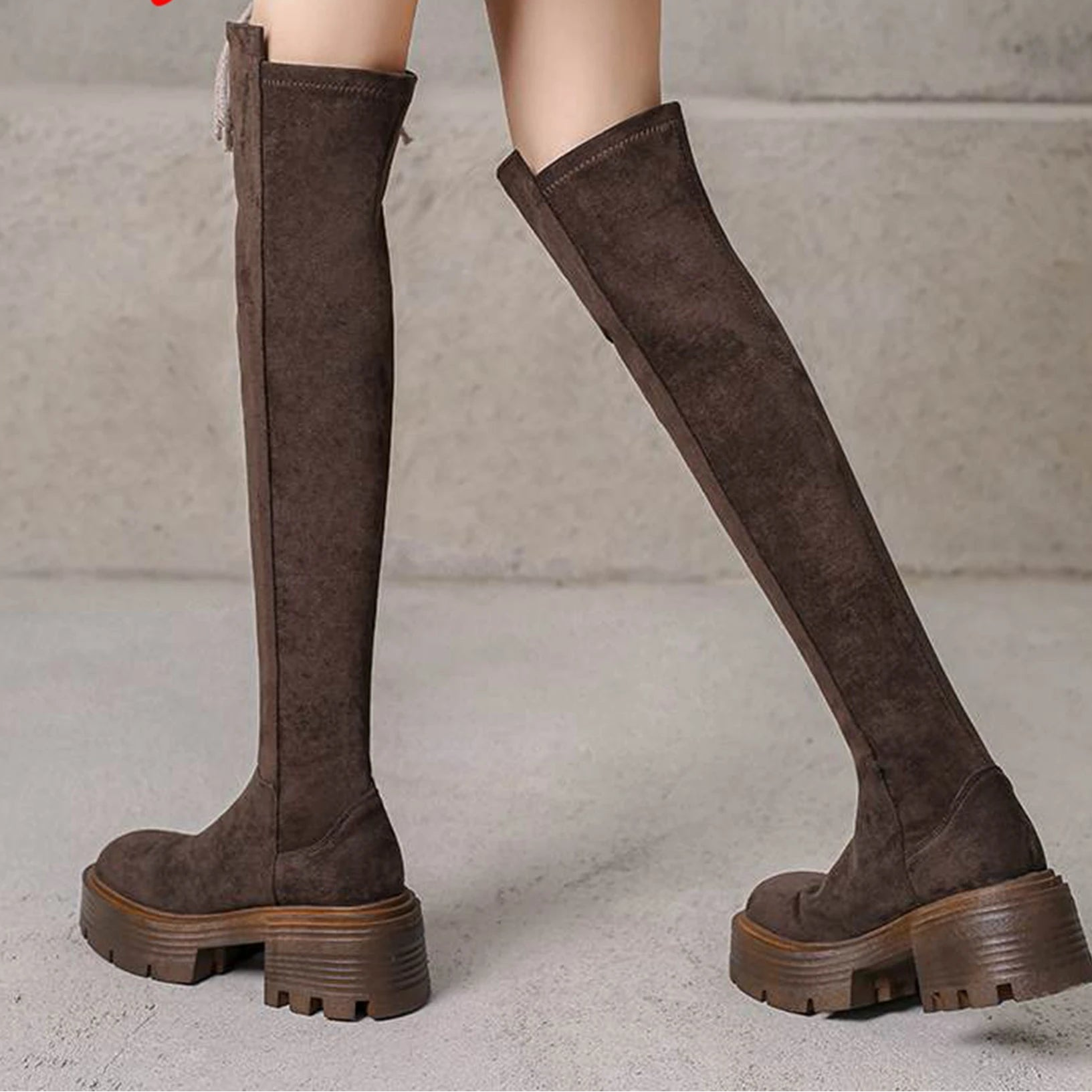 Brown suede knee-high boots on a neutral background with 'Kazing Pot' branding. - HER SHOP