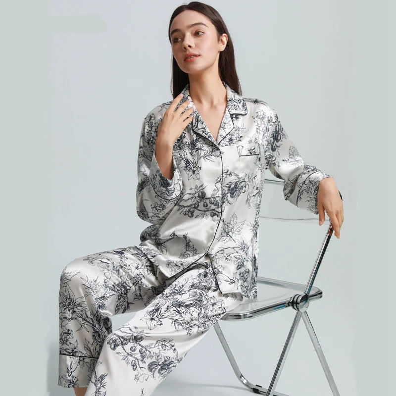100% Real Silk Women’s Pajama Set – Printed Long-Sleeve Summer Home Suit - HER SHOP