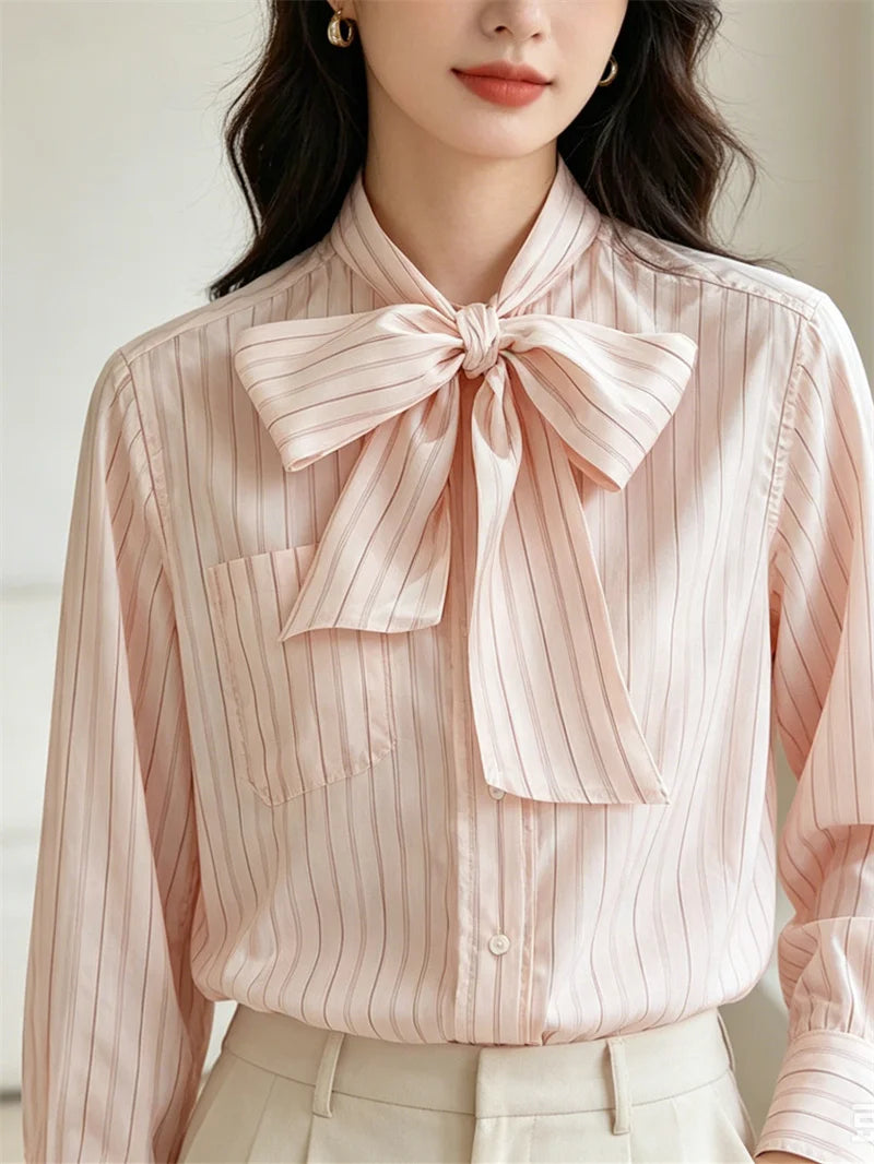 Retro Pink Striped Bow Tie Blouse – Women's Long Sleeve Office Shirt with Ribbon Collar & Pocket