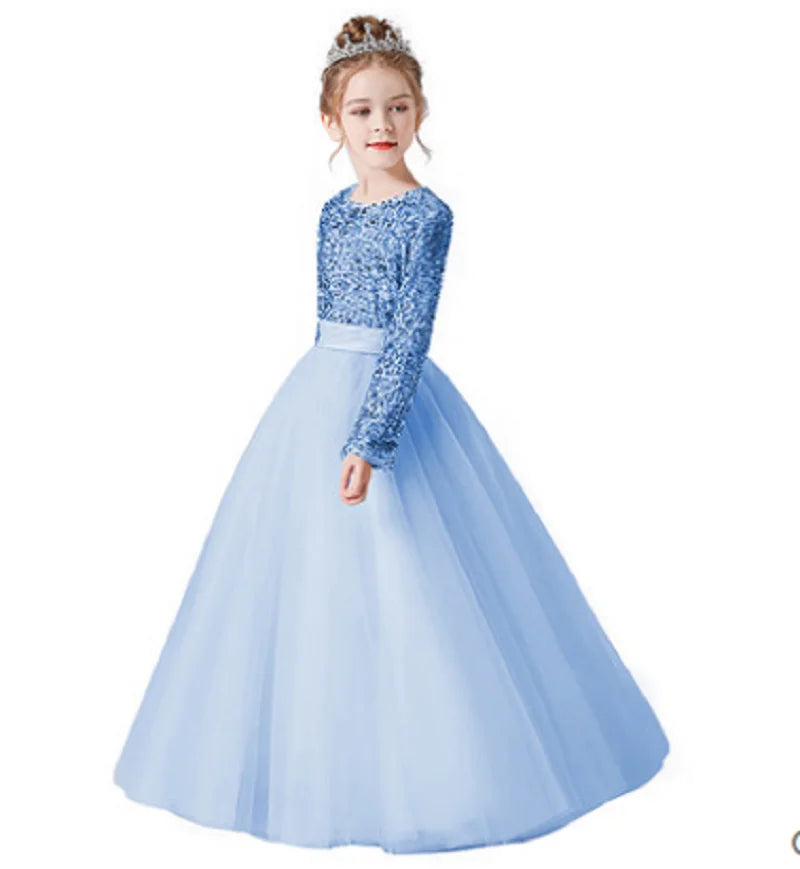 Customized Glitter Sequin Long-Sleeve Flower Girl Dress