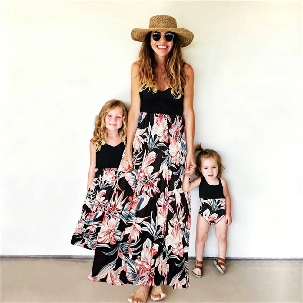Summer Mother Daughter Dress Women Children's Clothing Vestido Baby Romper Boho Maxi Dress Family Matching Outfits Girls Dresses