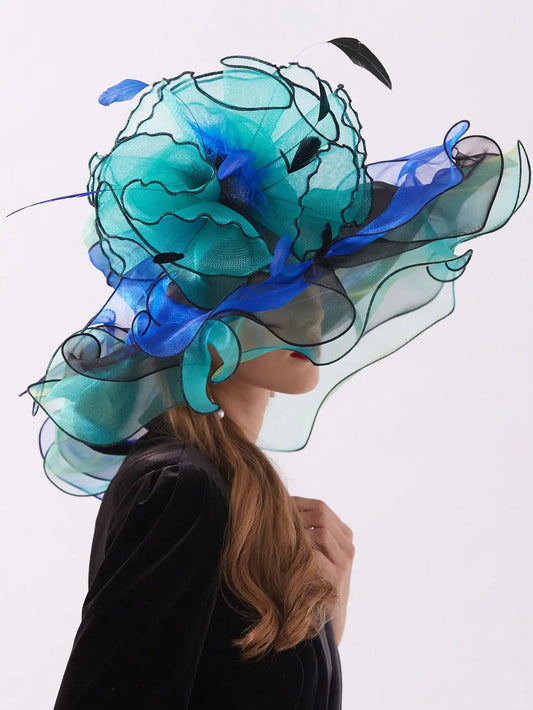 Organza Kentucky Derby Fascinators Hat For Women Ladies Wide Brim Flowers Elegant Wedding Bride Church Party Fedoras Sun Hats - HER SHOP