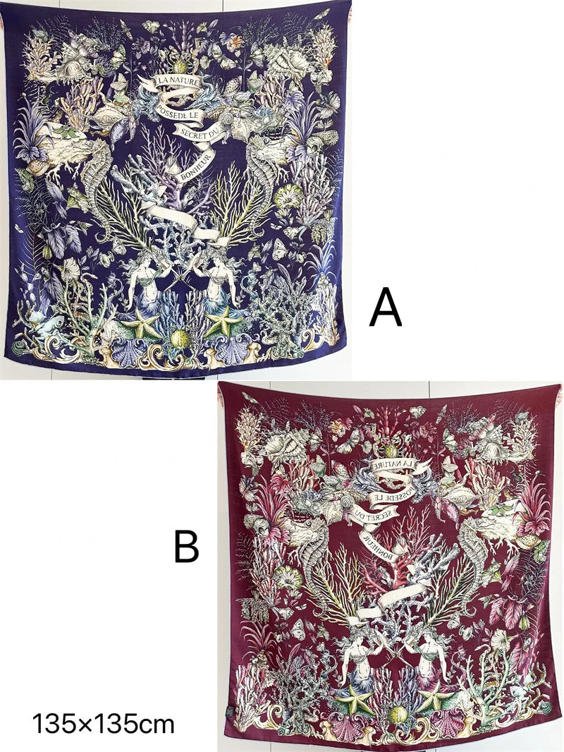 Winter Soft Scarf Double-Faced Printed Shawls Silk Wool Hand-rolled Edge Scarves Square Large Bandanas Shawls Christmas Gift