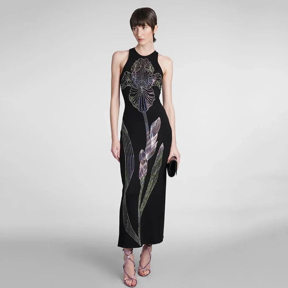 Black Sleeveless Maxi Bandage Dress with Diamond Flower Detail - Elegant Choice for Celebrity Parties & Events - HER SHOP