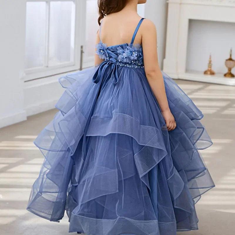 Blue Lace Flower Girl Dress - Fluffy Tulle, Spaghetti Straps, Kids Wedding Bridesmaid & Birthday Party Outfit