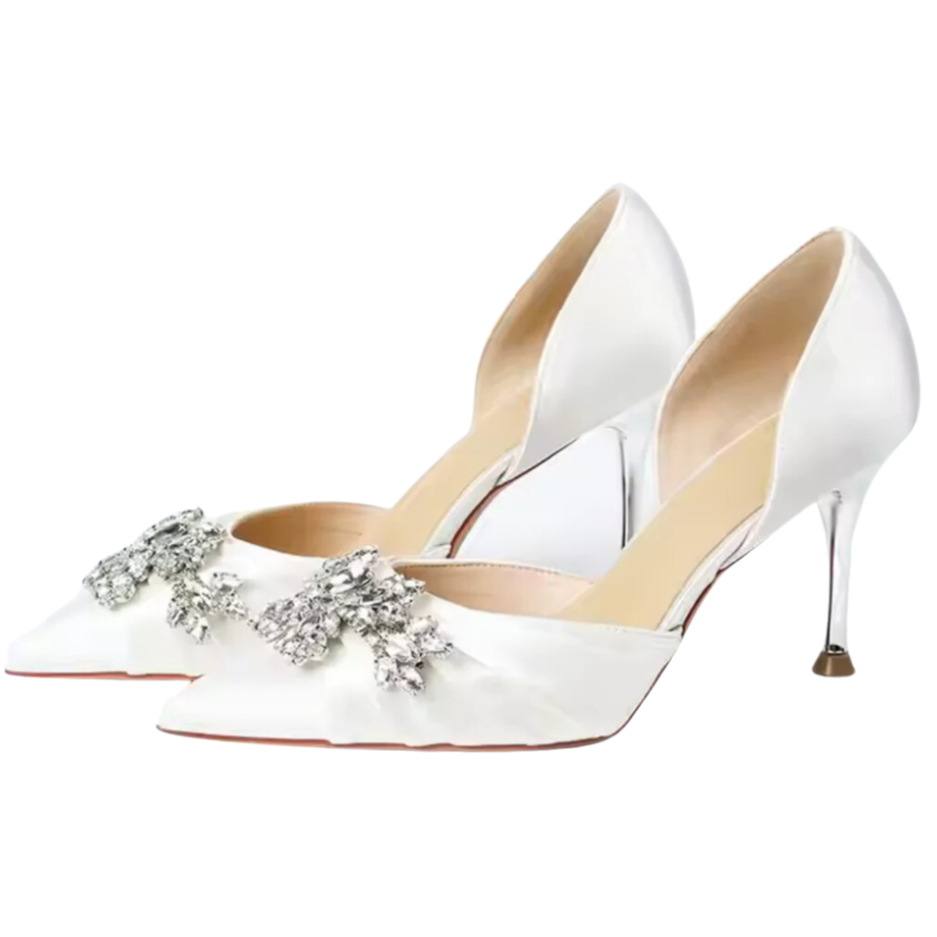 Shallow Pointed Toe Rhinestone Slip-On Stiletto Wedding Shoes - High Heel Solid Silk Pumps - HER SHOP