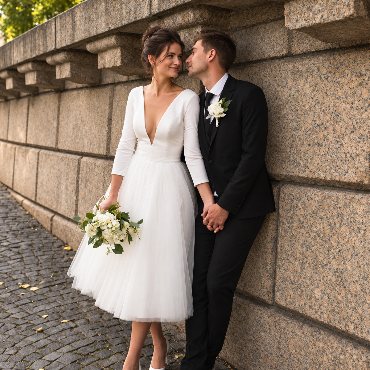 Short A-line wedding dress with deep V-neck, three-quarter sleeves and tea-length tulle skirt, bride posing with groom by stone wall. - HER SHOP®
