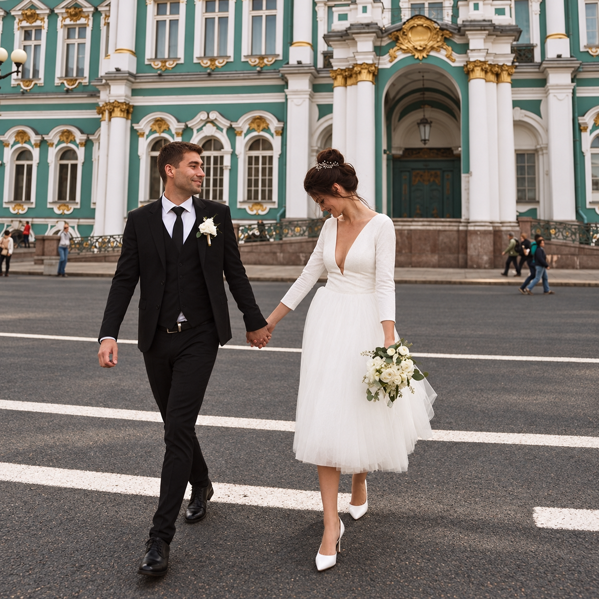 Bride wearing a short A-line wedding dress with V-neck and three-quarter sleeves, walking hand in hand with groom outside historic palace.