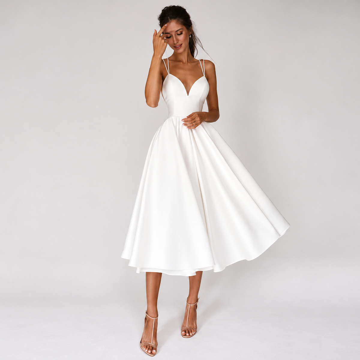 Short white satin beach wedding dress with A-line silhouette, front view