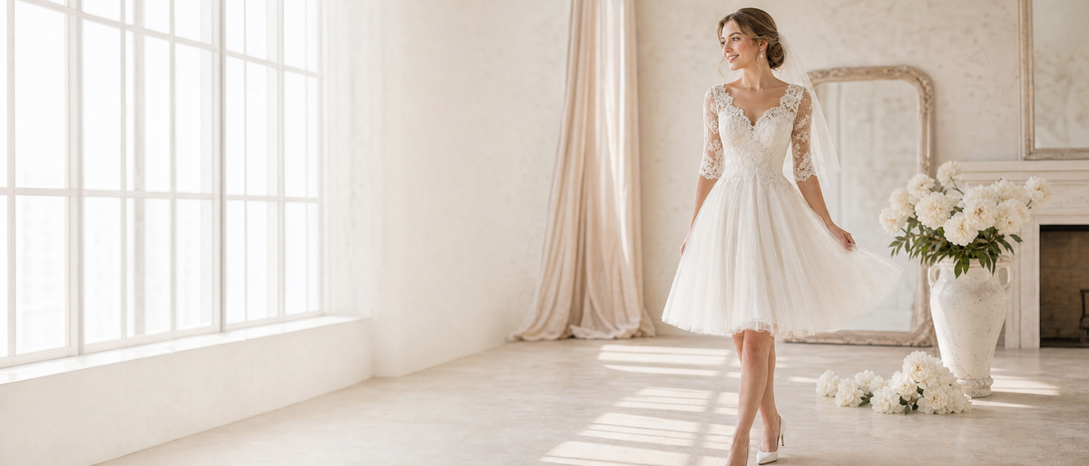 A woman wearing a short white lace wedding dress stands in a bright, sunlit room with large windows, cream drapes, a mirror, and a white vase of flowers.