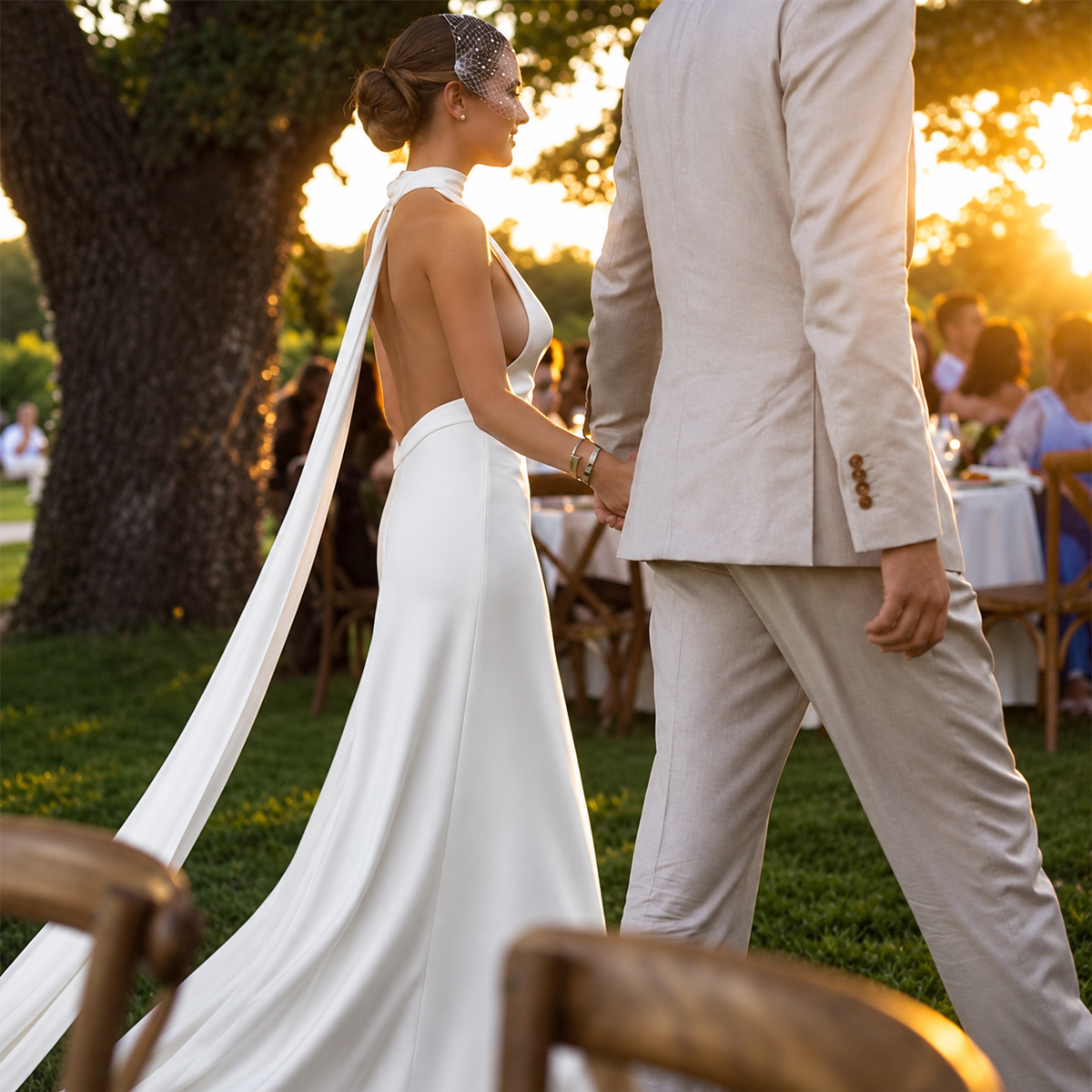 Backless crepe halter bridal gown at an outdoor wedding