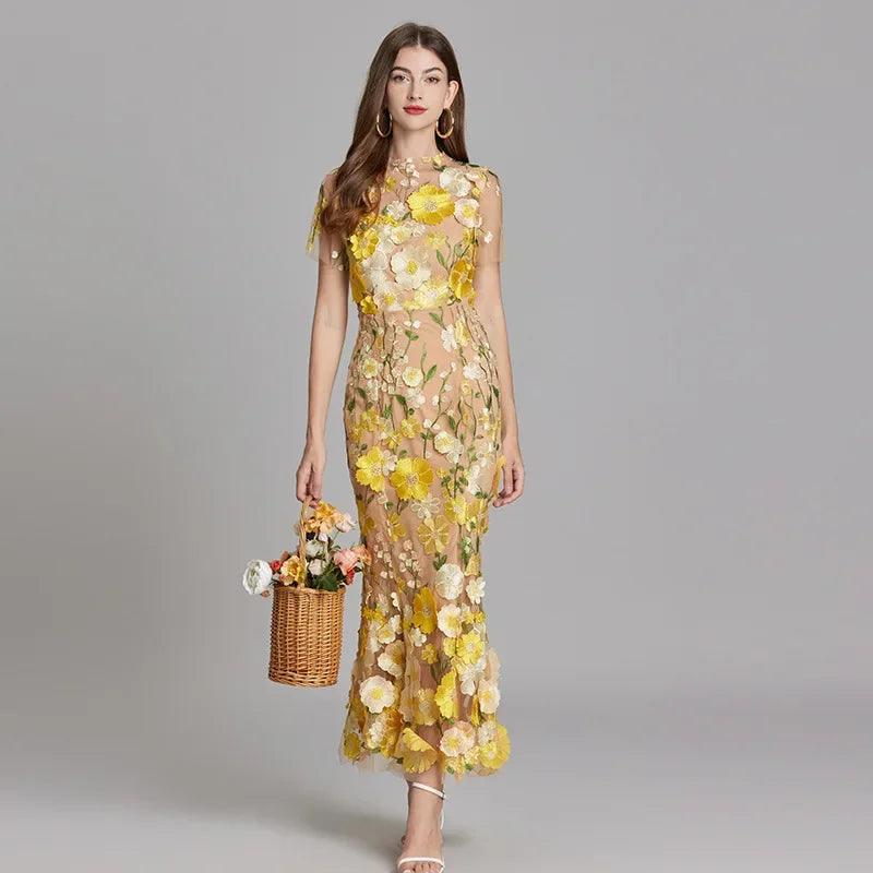 Slim Fishtail Dress with 3D Flower Embroidery and Mesh Waist Detail